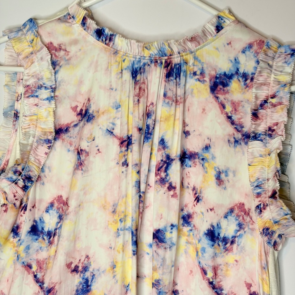Dolan Left Coast Tie Dye Top Sz Large Boho Ruffle Sleeveless Mixed Media Blouse - Picture 2 of 7